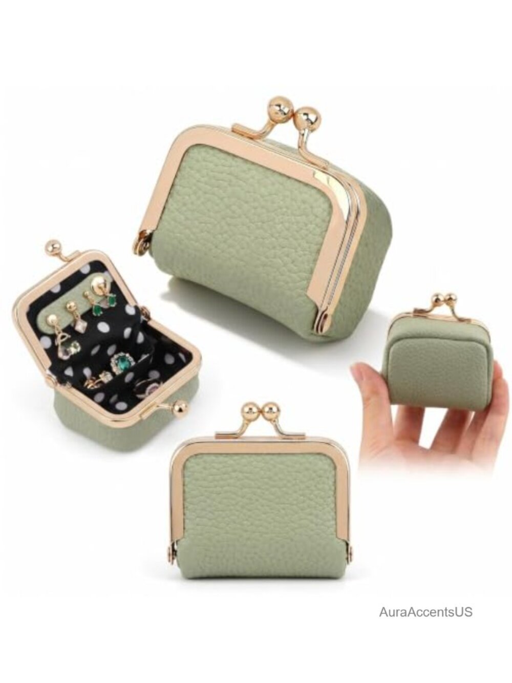 Vintage Leather Mini Jewelry Case Kiss Lock Portable Jewelry Box Organizer